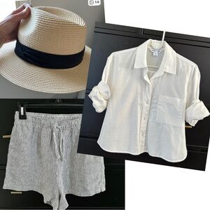 Bundle: 3 items Button down shirt, knit shorts, straw hat